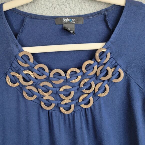 Style & Co Top Blouse Womens M Blue Embellished Neck Interlaced Wood Rings - Picture 12 of 13